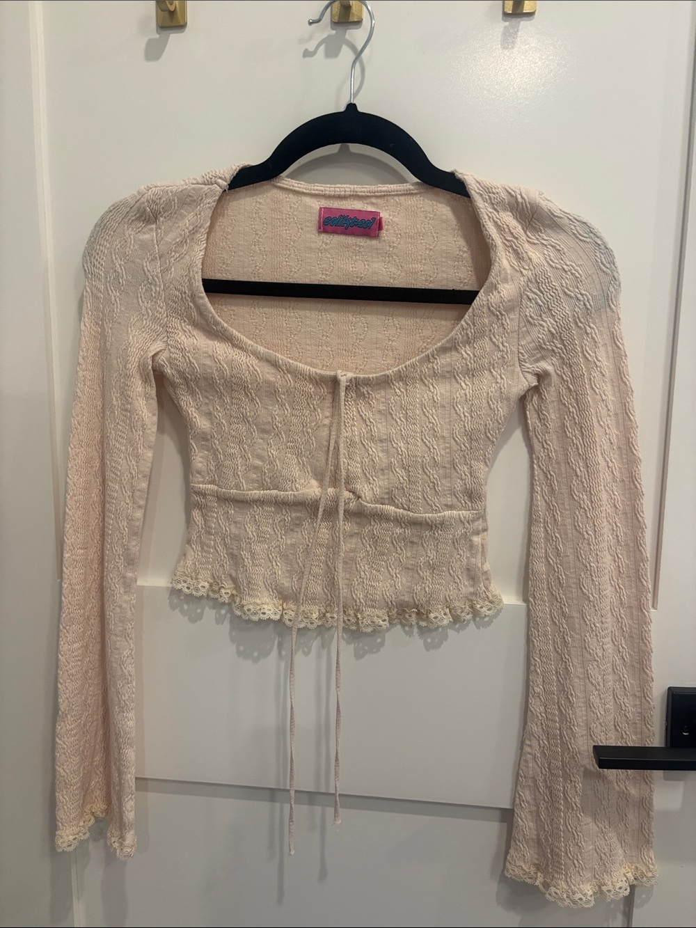 Edikted Cream Lace-Trim Tie-Front Long Sleeve Top